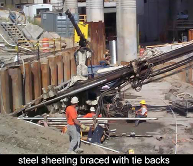 drill installing tiebacks to restrain steel sheeting